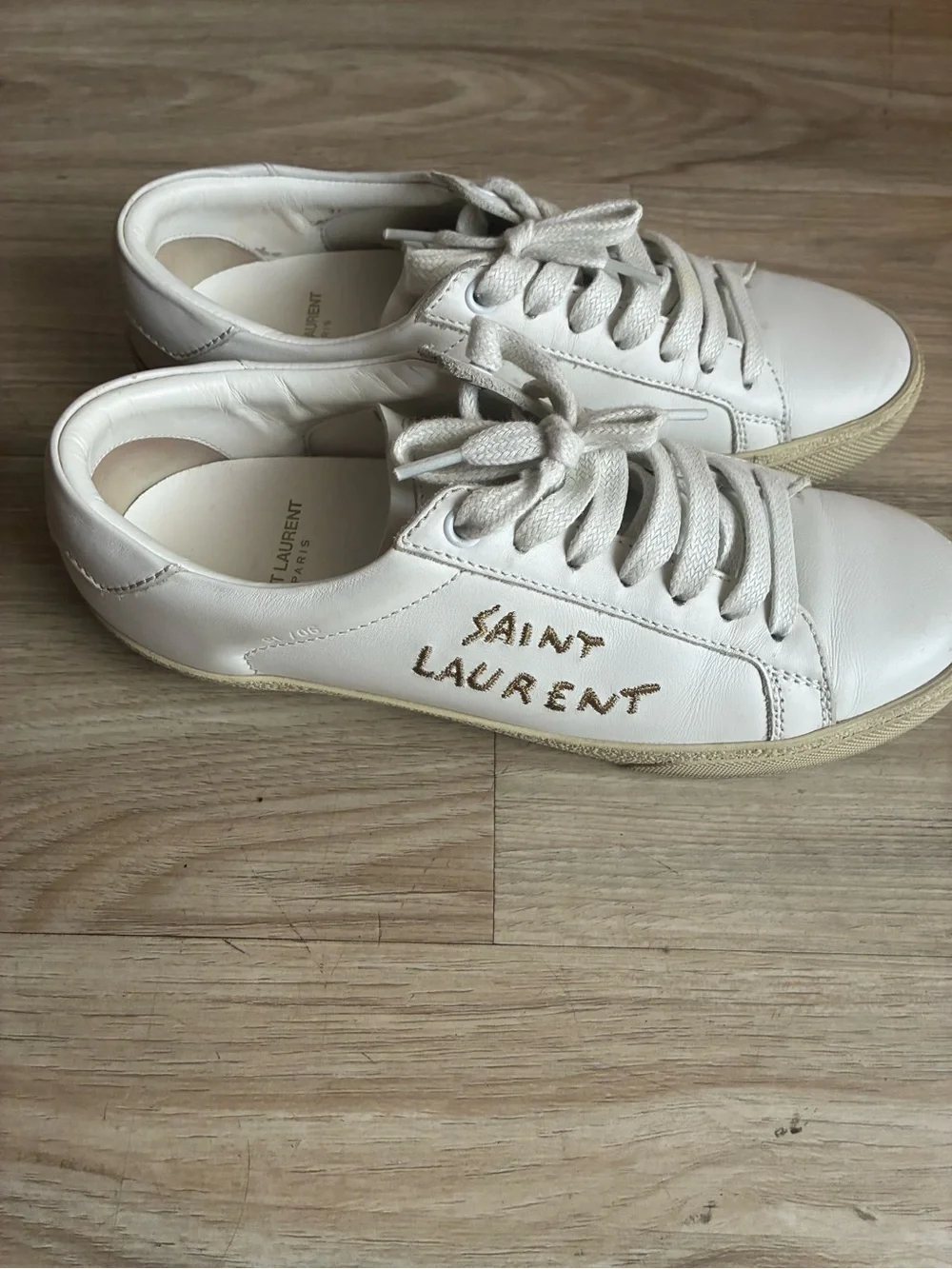 Saint Laurent Off-White Leather Low-Top Sneakers with Gold Insole Logo